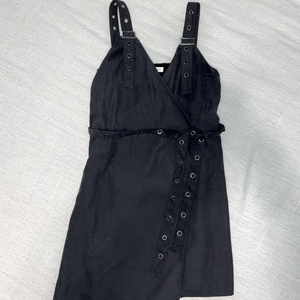 Black, buckle strap, crossover mini dress!